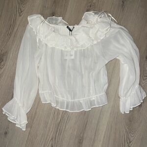 Zara White Ruffle Blouse XL | Long Sleeve Cotton Romantic Top NWT